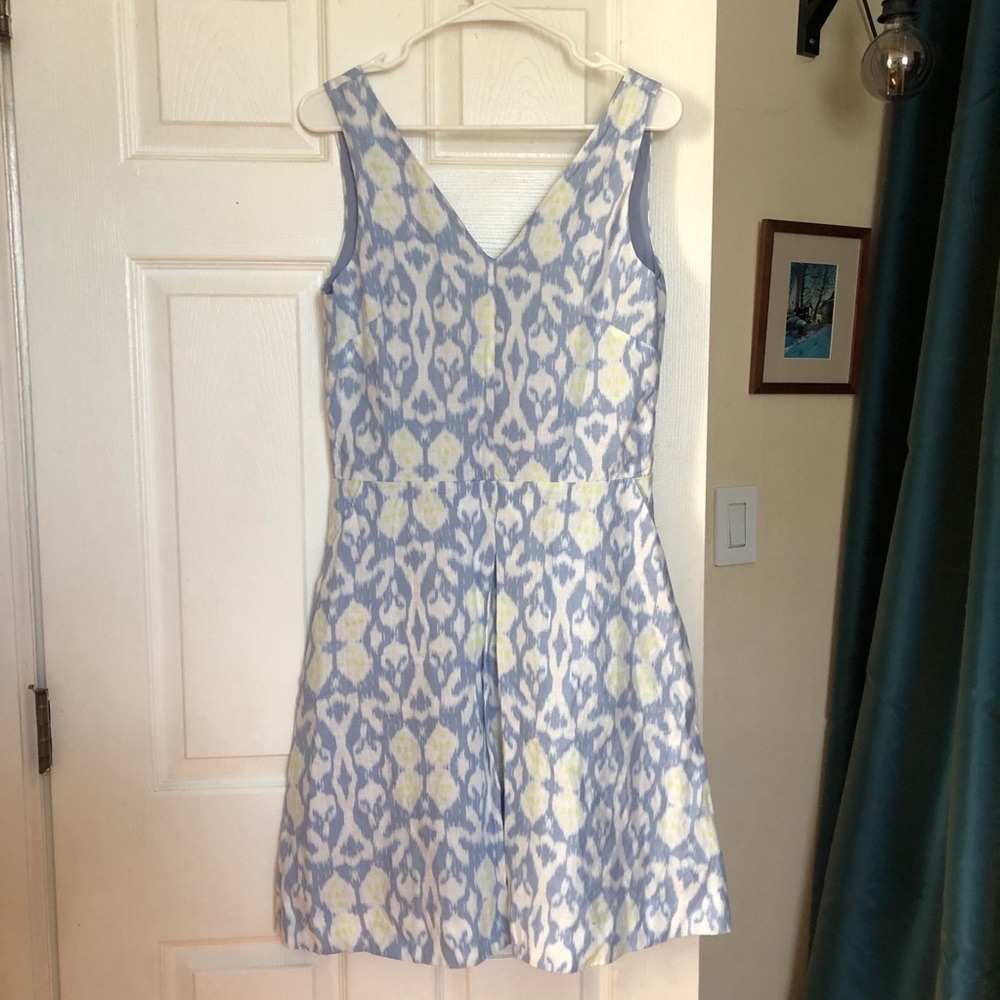 Linen Dress Gap White Blue Double V-Neck Sleeveless Side Zip Pocket 10T